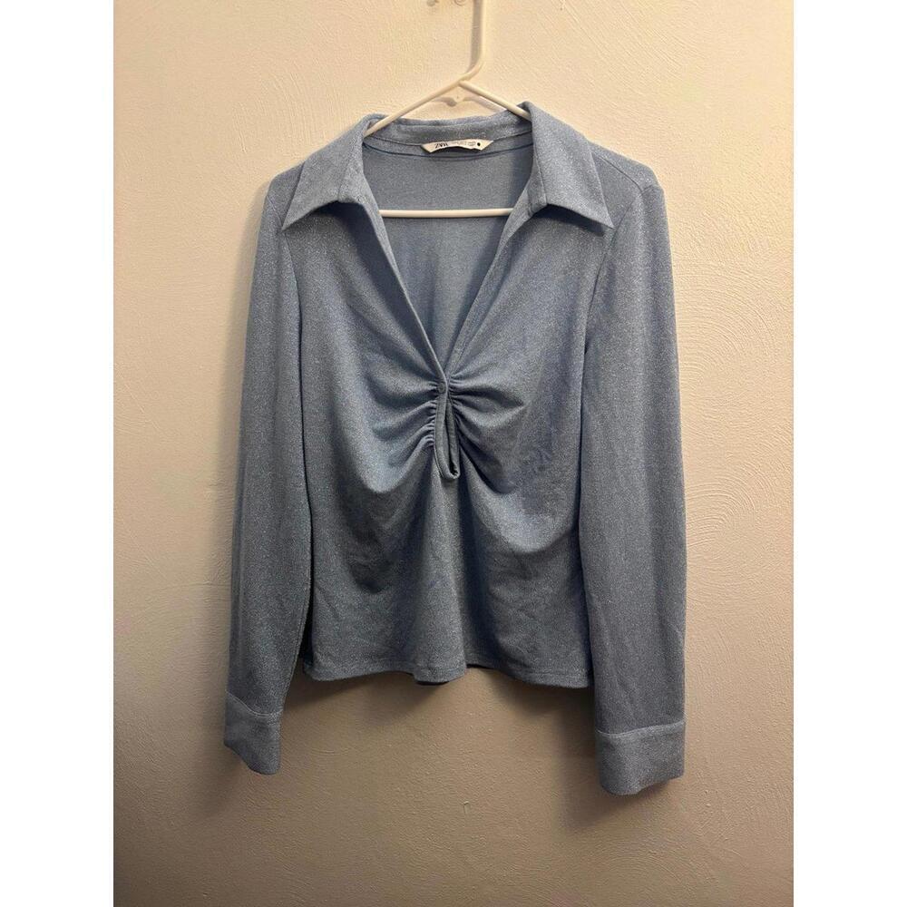 Zara Icy Blue Metallic Collared Keyhole Cutout Long Sleeve Top Size XL - Picture 1 of 8